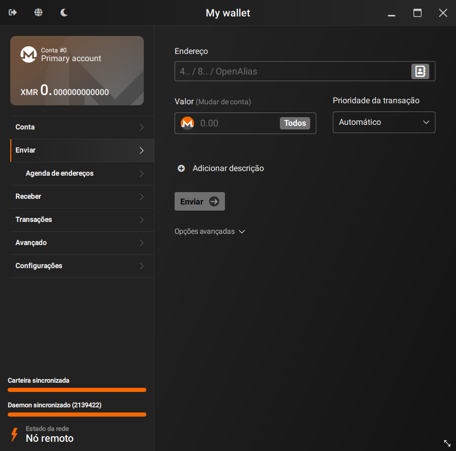 A screenshot of the Monero GUI wallet. It shows the wallet's balance and a navigation menu on the left, and a form for sending XMR on the right.